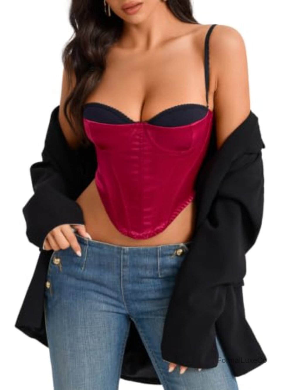 Faux Two-Piece Satin Bustier Corset Top Lace-Up Back